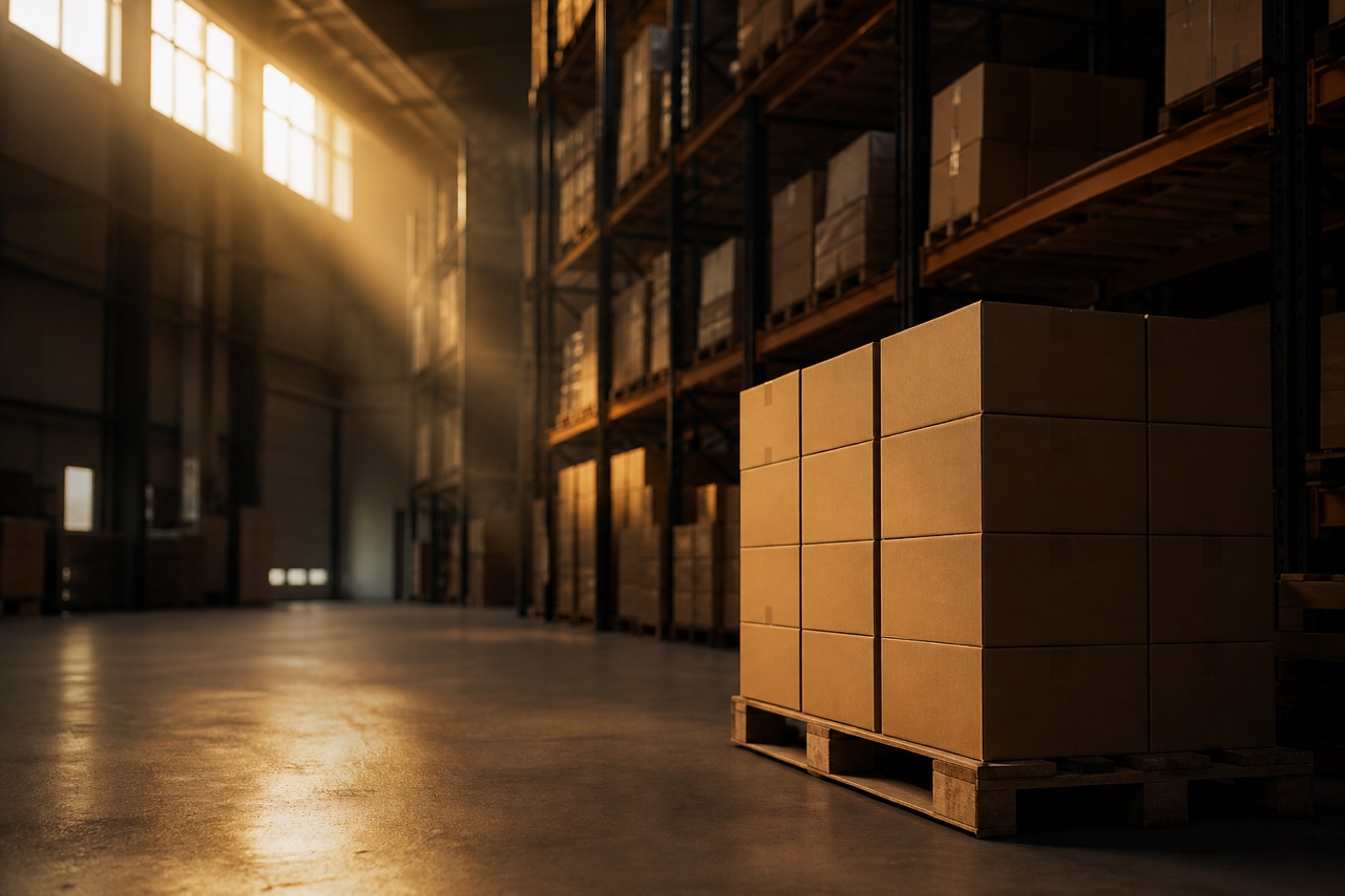 Warehouse racking with palletised cartons in warm light